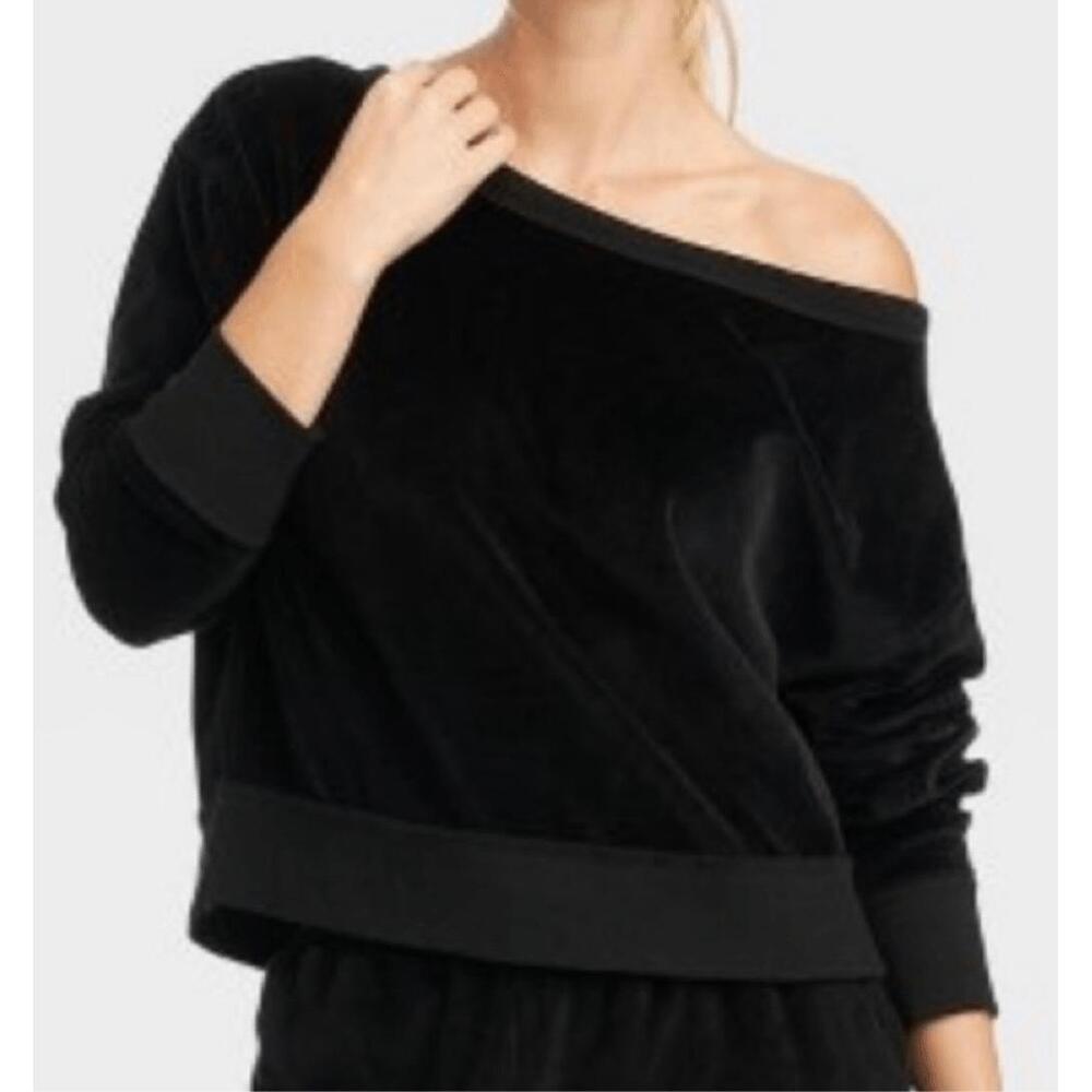 JoyLab Sweatshirt Women‎ Black Velour Off-Shoulder Luxe Cozy Size M - Picture 3 of 4